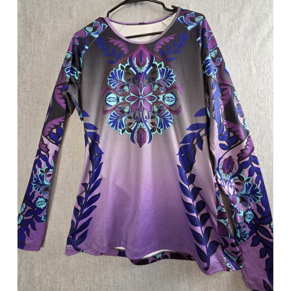 Athleta Runaway Activewear Top XL Tall Purple Boho Mandala Print Rash Guard Yoga